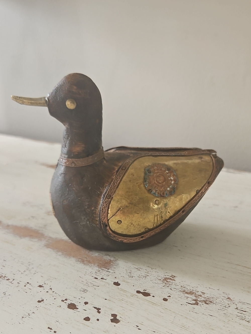 Rare Rustic Hand Carved Brass And Copper Accented Wood Duck